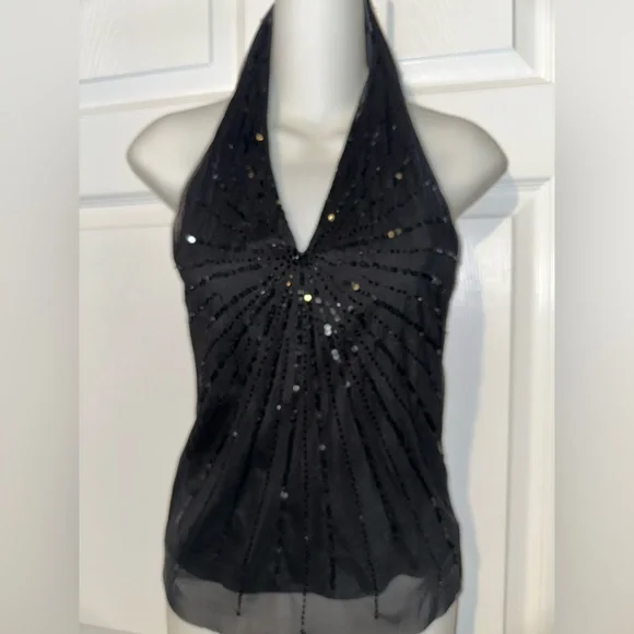 BCBGmaxazaria Small black halter beaded sequin beads top sheer - Picture 2 of 8